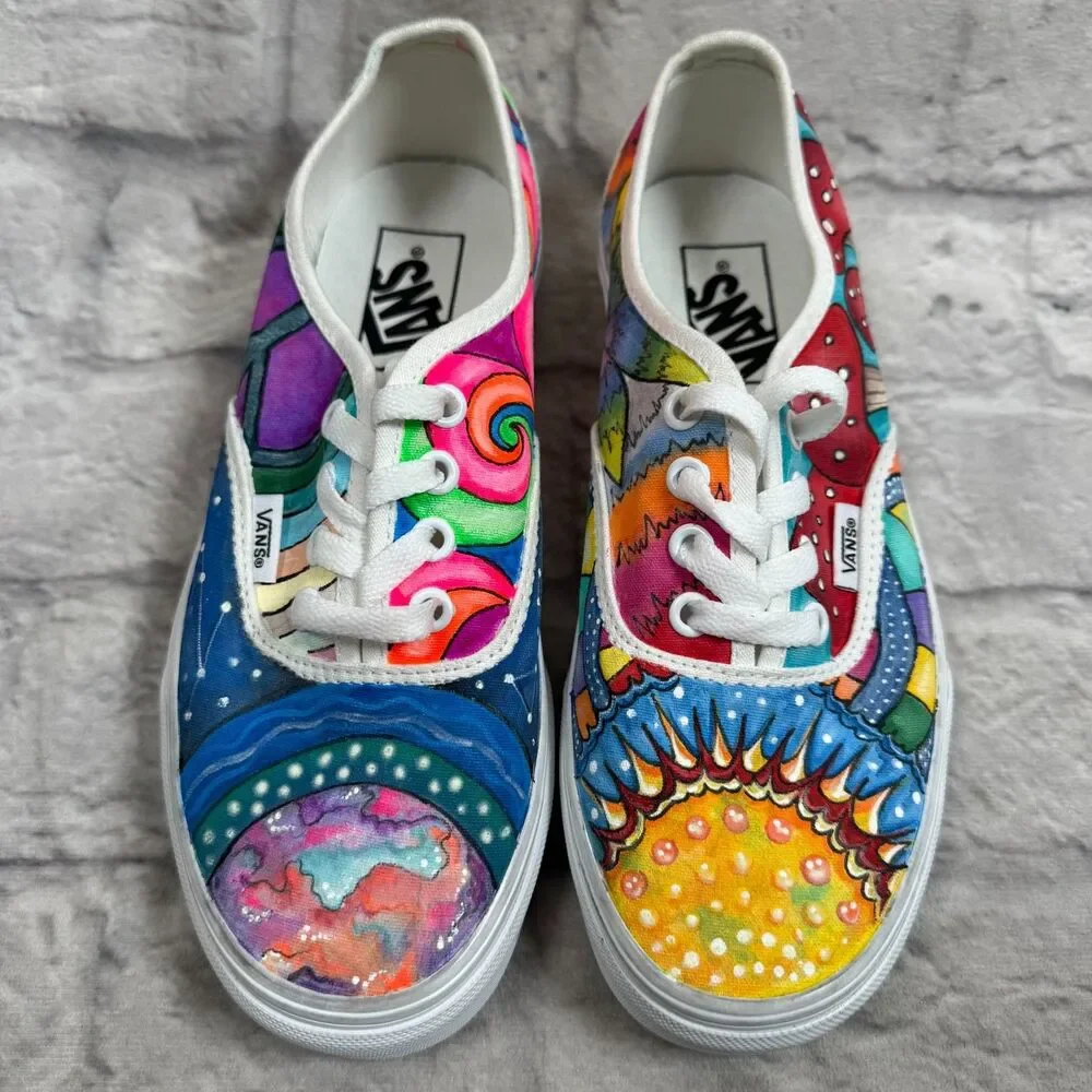 Custom Hand Painted Vans Sun Earth Mushrooms Peace Rainbow Women's Size 7 Shoes